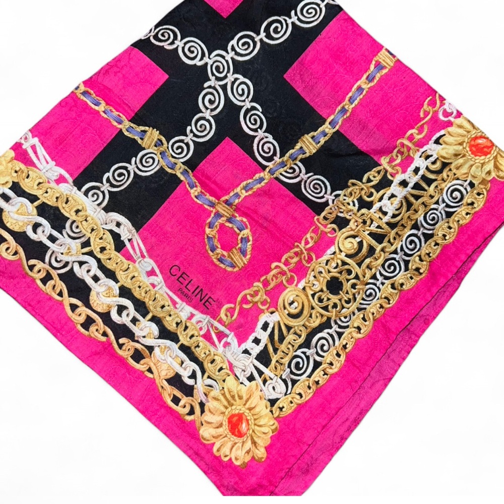 Celine Fuchsia and Black Scarf with Gold Chain Design